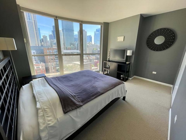 bedroom with carpet, floor to ceiling windows, and baseboards