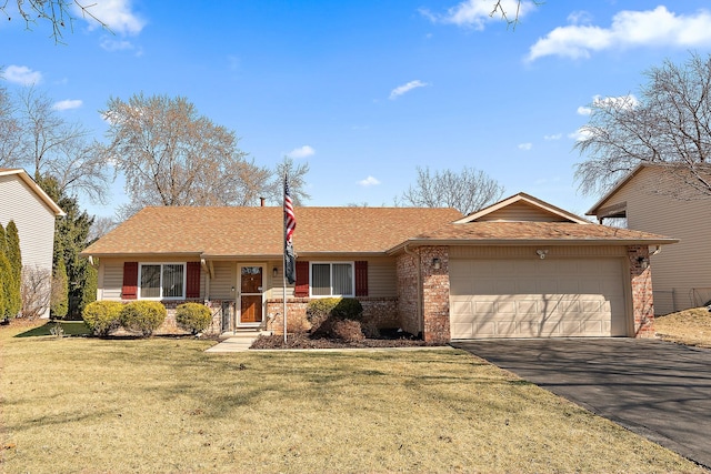 single story home with a front yard, driveway, roof with shingles, an attached garage, and brick siding