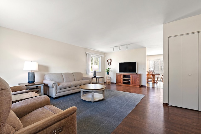 living area with dark wood-style floors and rail lighting