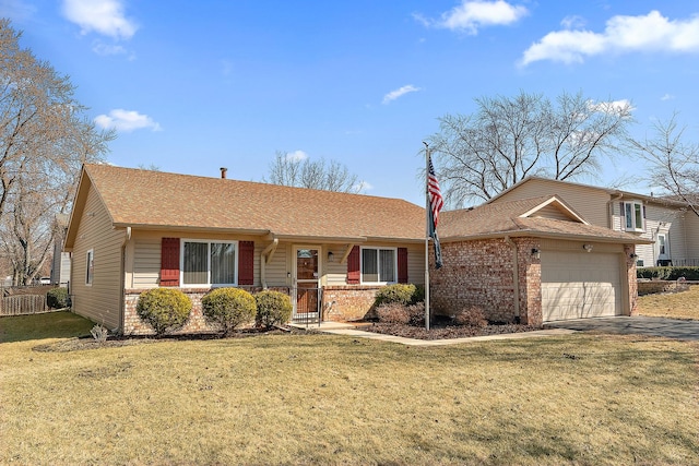 ranch-style house with a garage, driveway, a front yard, and a shingled roof