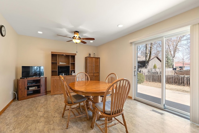 dining space with visible vents, recessed lighting, baseboards, and a ceiling fan