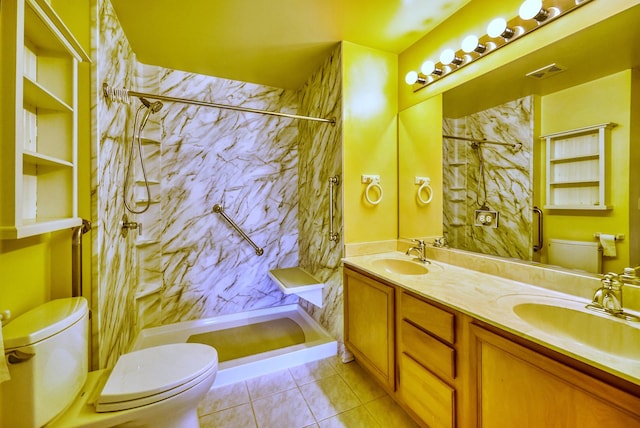 full bathroom with a sink, visible vents, toilet, and a marble finish shower