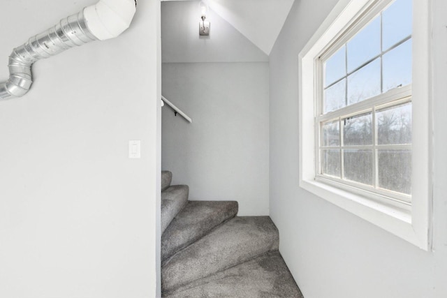 staircase with carpet floors and lofted ceiling