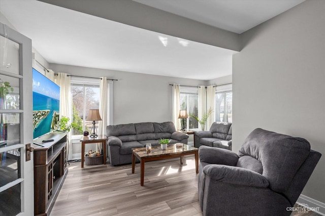 living area featuring baseboards, plenty of natural light, and light wood-style floors