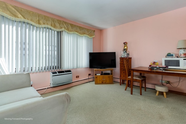 carpeted living room featuring a wall mounted air conditioner and a healthy amount of sunlight