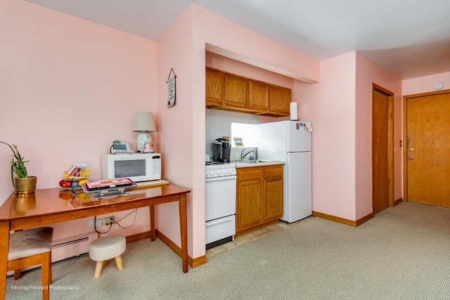 kitchen featuring light colored carpet, white appliances, baseboards, light countertops, and brown cabinets