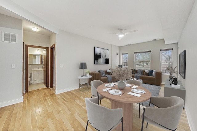 dining room with ceiling fan, light wood-style flooring, visible vents, and baseboards