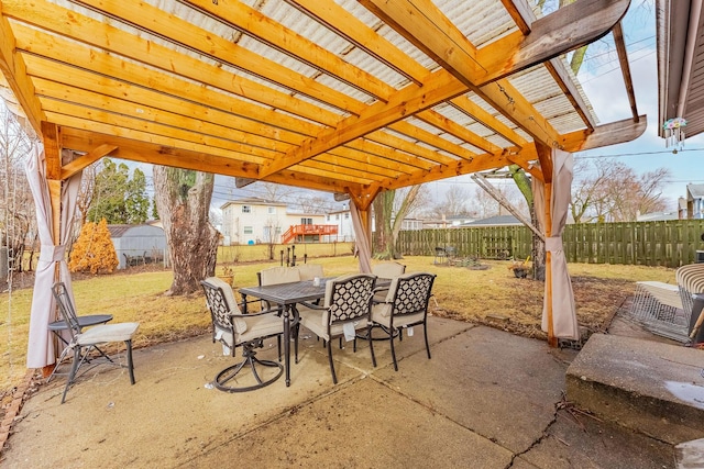 view of patio with outdoor dining area, a fenced backyard, and a pergola