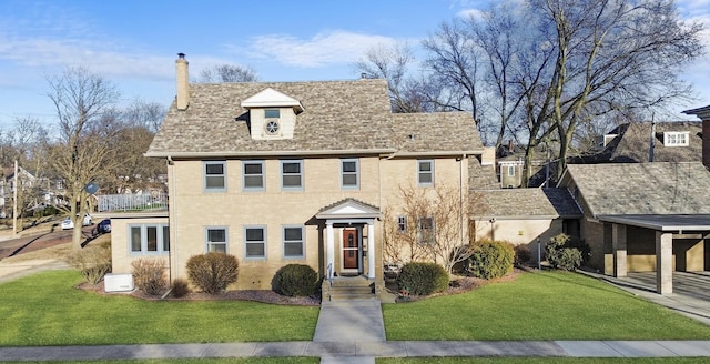 view of front of house featuring a shingled roof, a front yard, brick siding, and a chimney