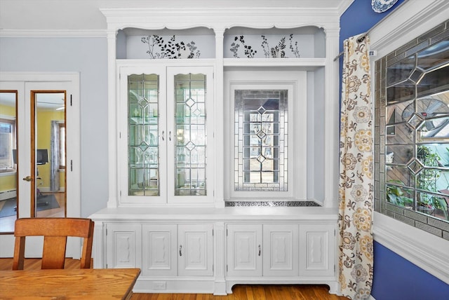 interior space with a baseboard radiator and ornamental molding