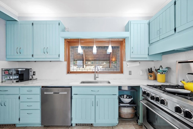 kitchen with tasteful backsplash, ornamental molding, appliances with stainless steel finishes, and a sink