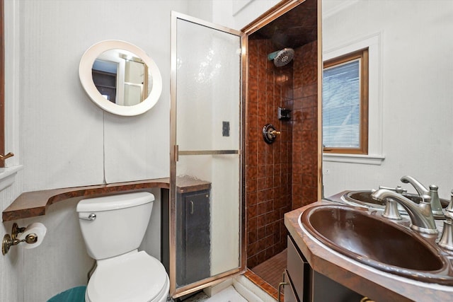 full bath featuring a stall shower, toilet, and a sink