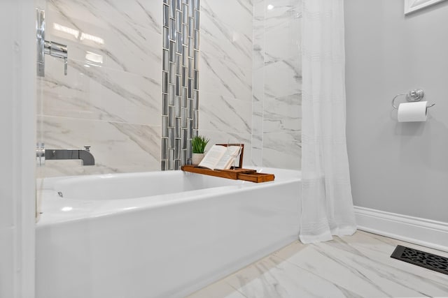 bathroom with a tub to relax in, visible vents, baseboards, curtained shower, and marble finish floor