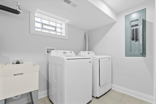 washroom featuring visible vents, washer and clothes dryer, electric panel, laundry area, and a sink