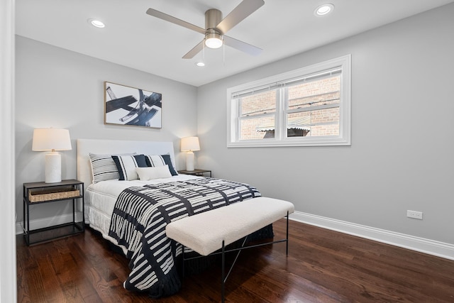 bedroom with recessed lighting, ceiling fan, baseboards, and wood finished floors