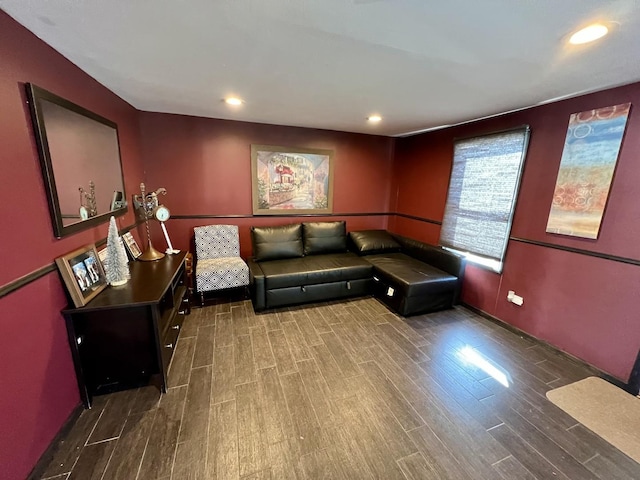 living room with recessed lighting and wood finished floors