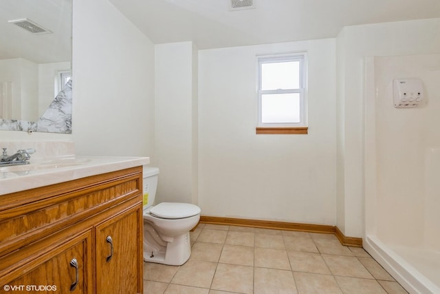 full bath with visible vents, toilet, vanity, baseboards, and tile patterned floors