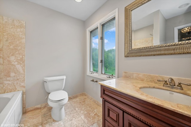 bathroom featuring toilet, vanity, baseboards, walk in shower, and a bathtub