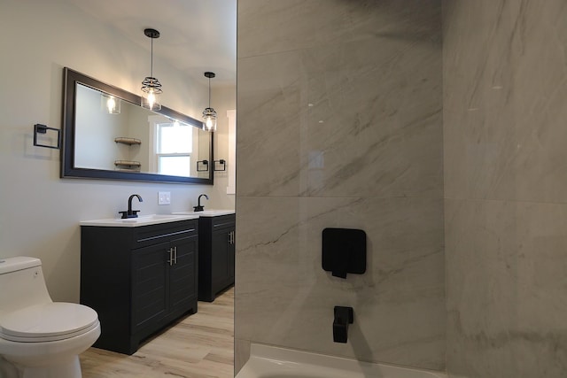 bathroom with wood finished floors, a sink, toilet, and double vanity