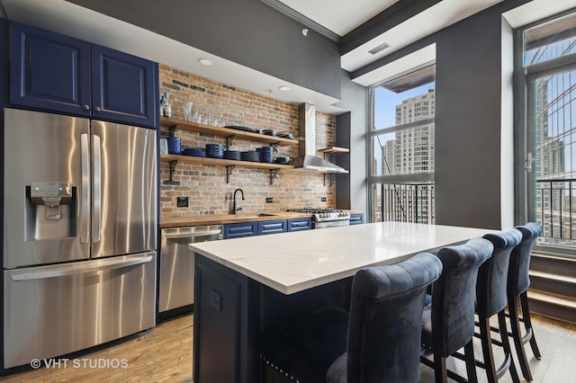 kitchen with appliances with stainless steel finishes, a wealth of natural light, blue cabinets, and wall chimney exhaust hood