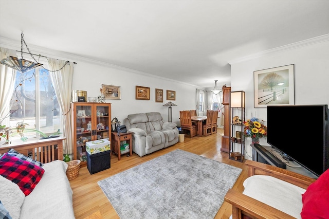 living room featuring crown molding and wood finished floors