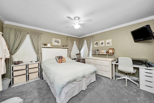 bedroom featuring ceiling fan, carpet floors, and crown molding