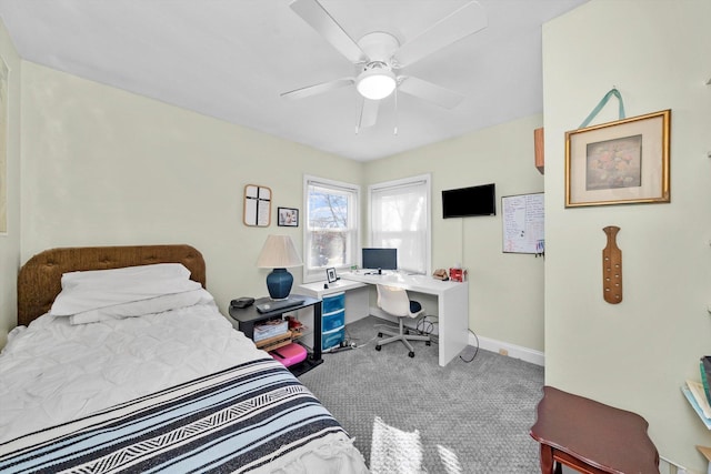 bedroom featuring ceiling fan, baseboards, and carpet flooring