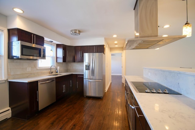 kitchen featuring island exhaust hood, a sink, dark brown cabinetry, appliances with stainless steel finishes, and a baseboard radiator