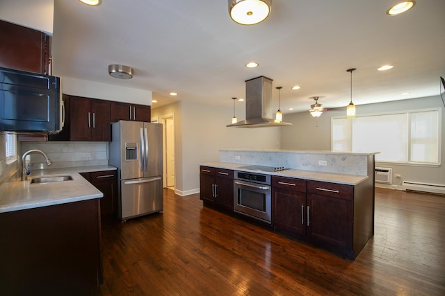 kitchen with a sink, black appliances, light countertops, tasteful backsplash, and island range hood