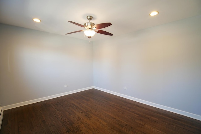 unfurnished room featuring dark wood finished floors, recessed lighting, baseboards, and ceiling fan