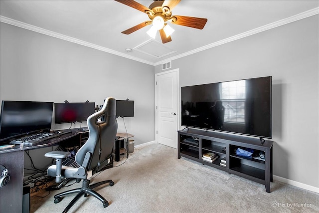 carpeted office space featuring attic access, visible vents, crown molding, and baseboards