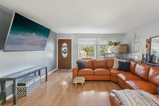 living room with baseboards and light wood-style floors