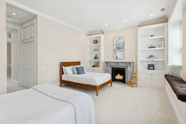 bedroom featuring crown molding, recessed lighting, a premium fireplace, and light colored carpet