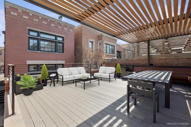 deck with a pergola and an outdoor living space