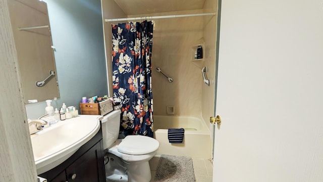 full bath featuring tile patterned flooring, shower / bath combo, vanity, and toilet