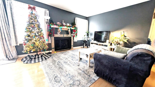 living area with a fireplace, wood finished floors, and baseboards