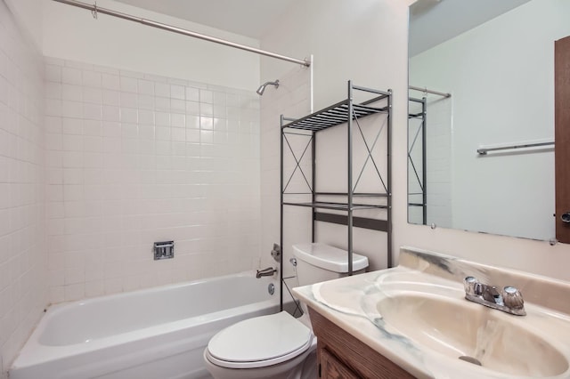 full bath with toilet, shower / tub combination, and vanity