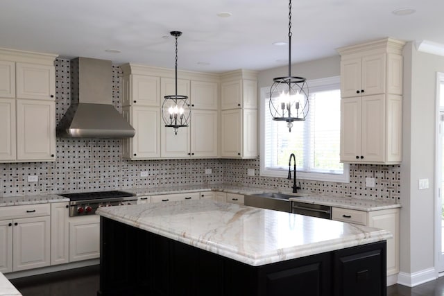 1860 Lake Charles Dr, Vernon Hills, IL 60061 - kitchen with wall chimney exhaust hood, stainless steel appliances, decorative backsplash, light stone counters, and decorative light fixtures