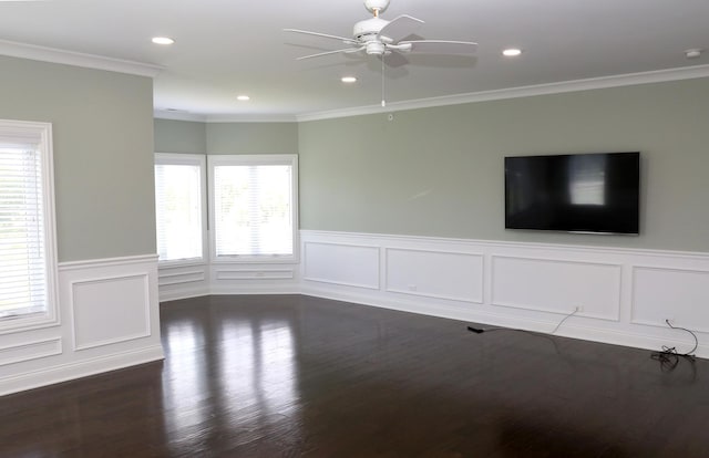 1860 Lake Charles Dr, Vernon Hills, IL 60061 - unfurnished living room with ceiling fan, crown molding, recessed lighting, dark wood-style flooring, and wainscoting