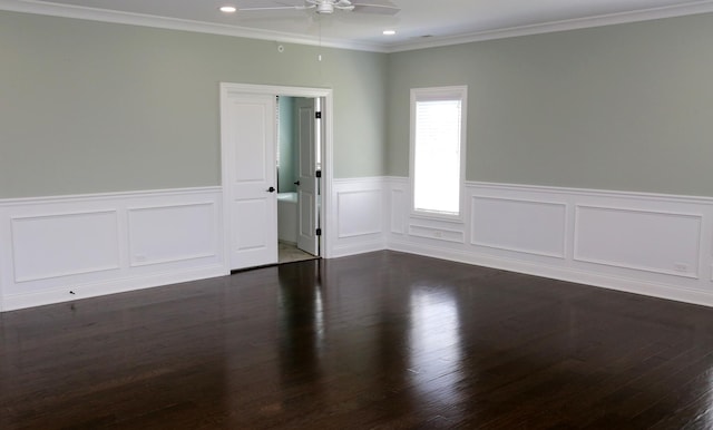 1860 Lake Charles Dr, Vernon Hills, IL 60061 - spare room featuring a ceiling fan, wood finished floors, recessed lighting, wainscoting, and ornamental molding