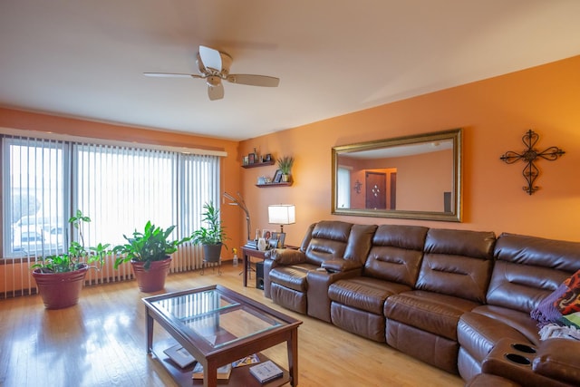 living room featuring light wood finished floors and ceiling fan