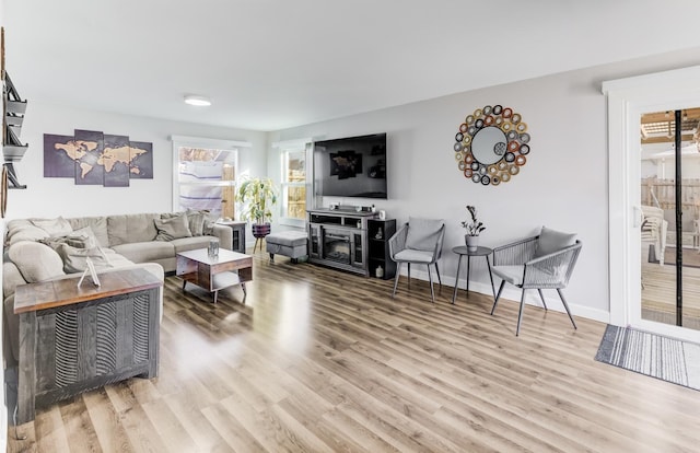 living area with wood finished floors and baseboards