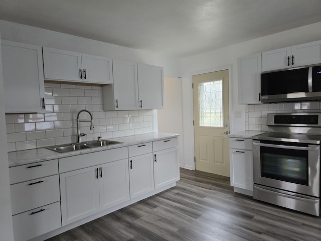 kitchen featuring tasteful backsplash, appliances with stainless steel finishes, a sink, and wood finished floors