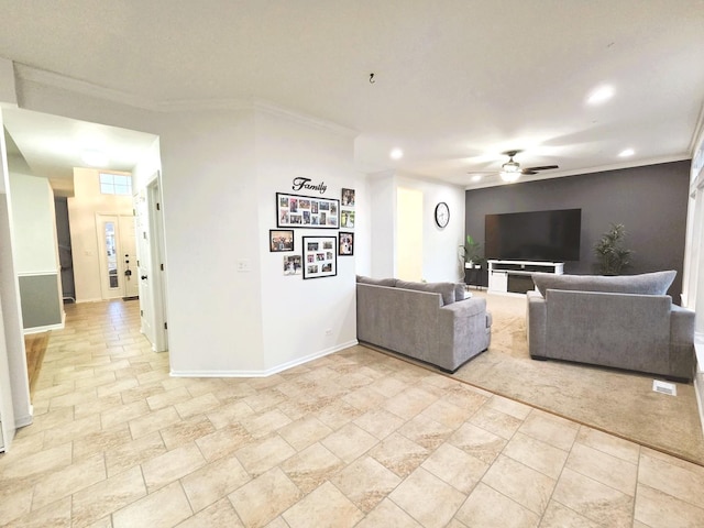 unfurnished living room featuring recessed lighting, baseboards, ceiling fan, and ornamental molding