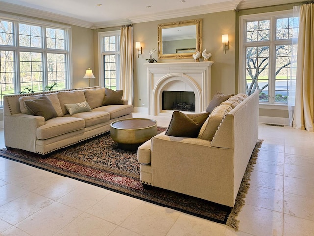 living area with crown molding, plenty of natural light, a fireplace, and baseboards