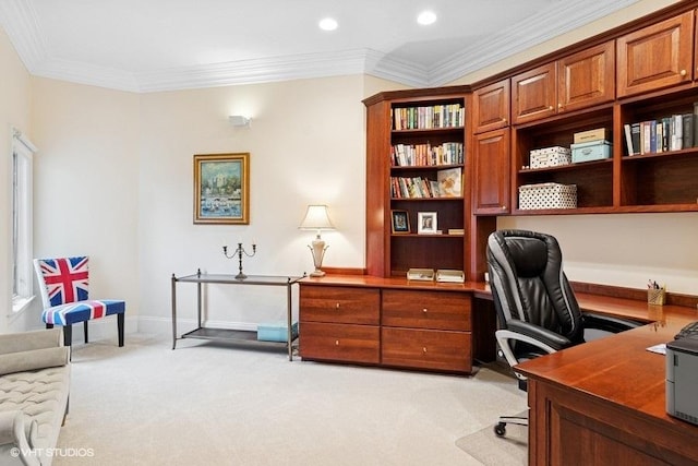 home office featuring light colored carpet, ornamental molding, baseboards, and recessed lighting