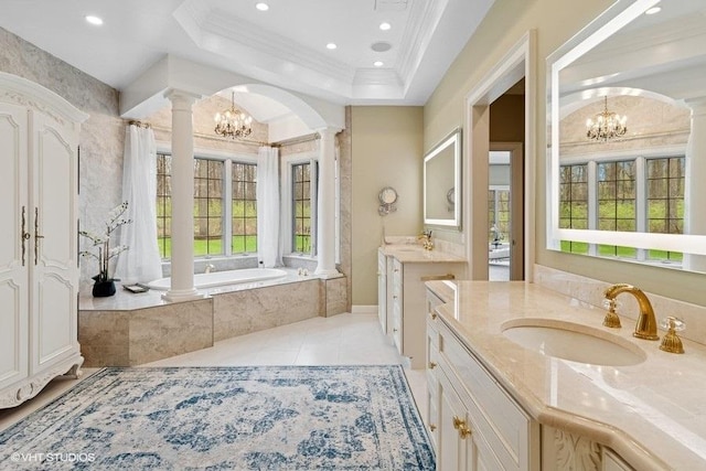 bathroom featuring ornate columns, a chandelier, plenty of natural light, tile patterned flooring, and crown molding