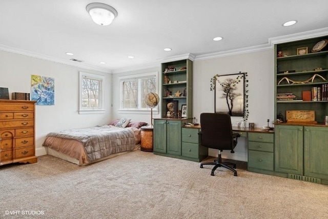 carpeted bedroom featuring ornamental molding, an office area, and recessed lighting