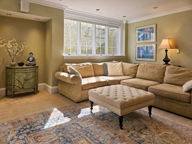 carpeted living room featuring crown molding and baseboards
