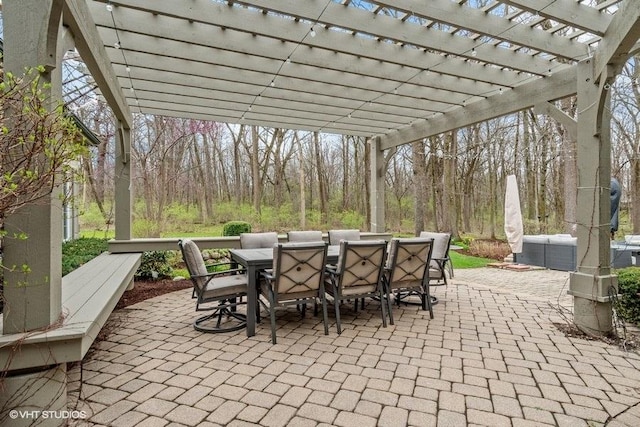 view of patio featuring outdoor dining area, a pergola, and cooling unit